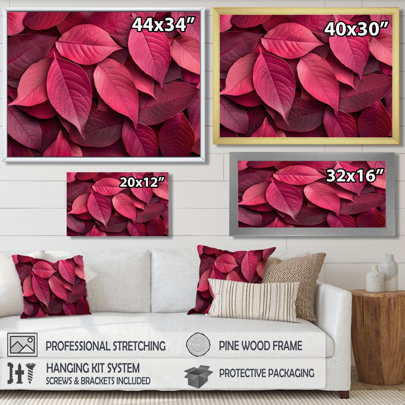 «Crimson Leaves Dancing Rose III» - feuilles, décoration murale, H 28 po x l 60 po, Impression encadrée flottante, Blanc
