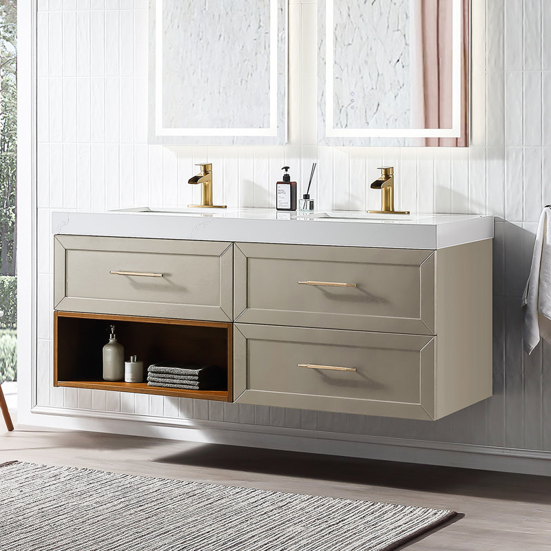Meuble-lavabo double 60 po avec dessus en quartz, Gris