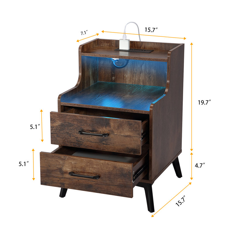 Table de chevet, ensemble de 2 avec station de charge rapide, Brun, 2