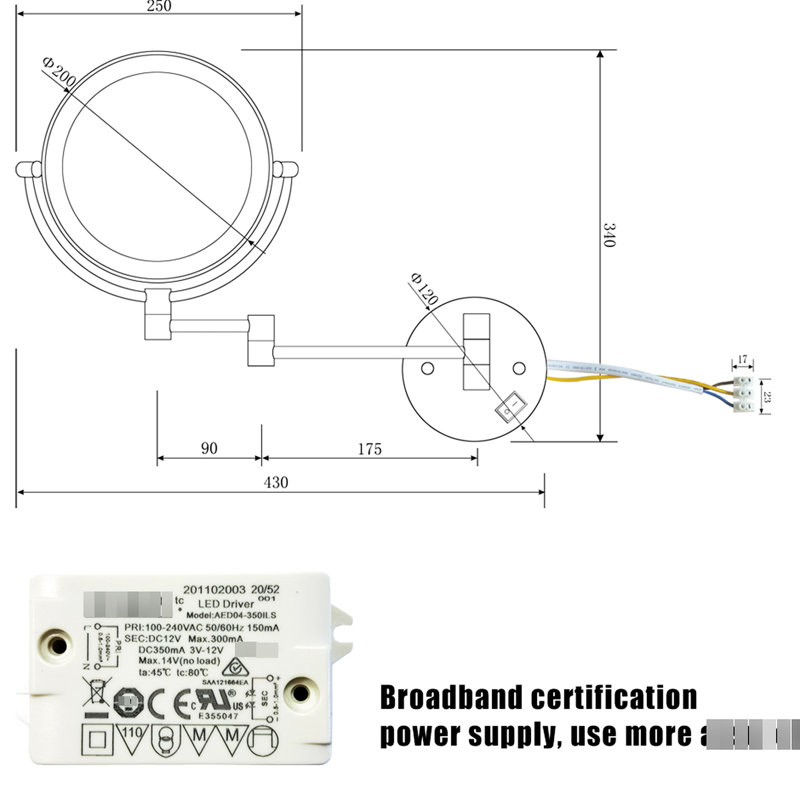 Miroir de coiffeuse à maquillage grossissant à DEL 8 po pour fixation murale - extension 12 po, finition dorée, grossissement 1X / 3X, rotation de 360 degrés, bouton imperméable, rasage, acier inoxydable moderne