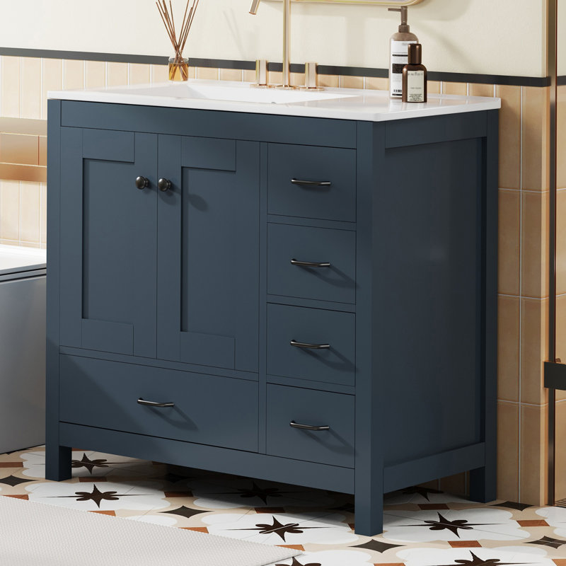 Meuble-lavabo 36 po avec lavabo en céramique 36 po, armoire de rangement abondante, 2 portes à fermeture douce et 5 tiroirs