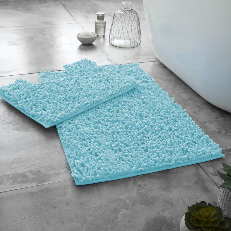 Modern 2 Piece Bathroom Rug Set Microfiber Chenille Bath Mat & Pedestal Mat Super Soft Non Slip Absorbent Washable, Aqua