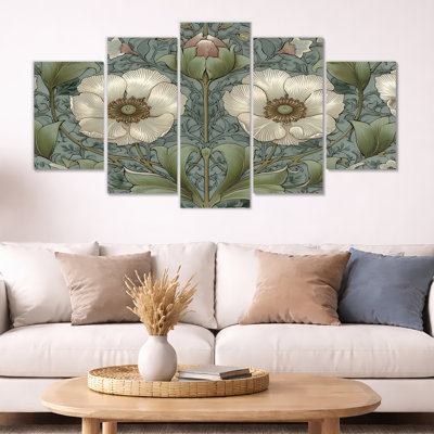 Papier peint floral rétro avec marguerite blanche et panneau mural 5 panneaux