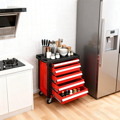 Coffre à outils à 5 tiroirs avec serrure, coffre à outils avec roulettes et plateau à outils