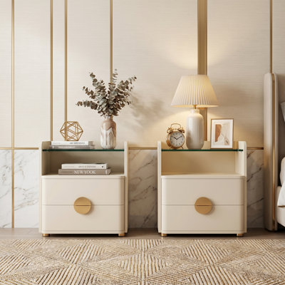 2-Drawer Cream Nightstand with Tempered Glass Shelf