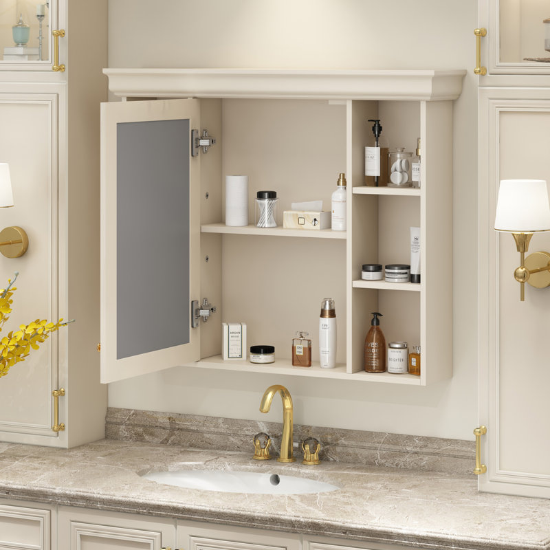 Armoire de rangement murale de salle de bain 35 po x 28 po avec porte miroir, Beige / Crème