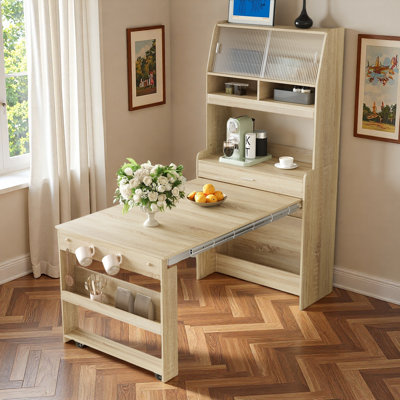 Buffet Cabinet With Foldable Dining Table, Cabinets, Storage Shelf And Side Hooks