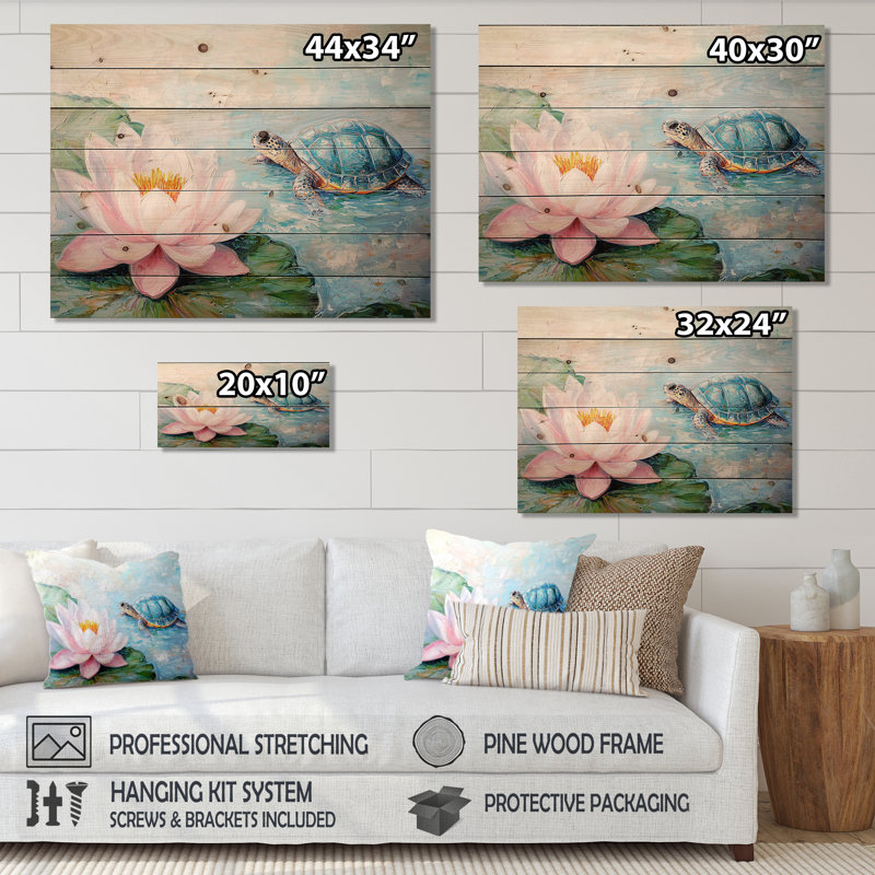 Tortue dans le nénuphar II - Art mural moderne sur bois de pin naturel, H 10 po x l 20 po
