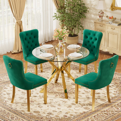 Round Clear Dining Table Set for 2-4, Modern Tempered Glass Kitchen Table and Chairs with Velvet Tufted Chair for Dining Room, Small Space, Apartment