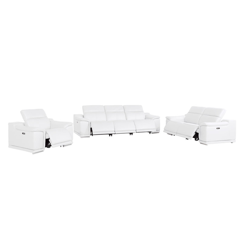 Ensemble de canapé, causeuse et fauteuil inclinables électriques en cuir véritable - 6 fauteuils inclinables, Blanc