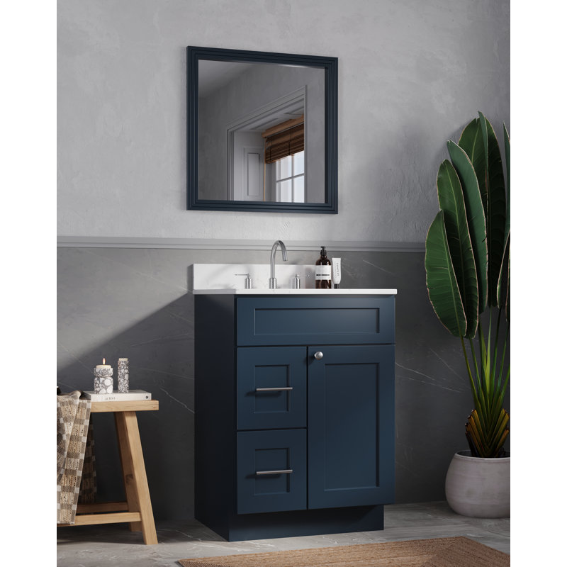 Meuble-lavabo simple 24 po en bois massif avec comptoir en quartz de Carrare, Bleu
