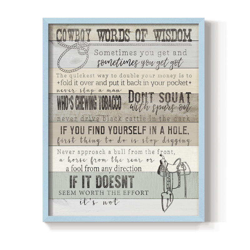 Cowboy Words Of Wisdom, reproduction encadrée - bois massif, H 21 po x l 17 po, Bleu
