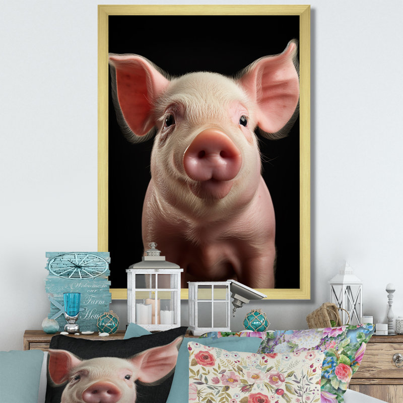 Cochon rose curieux sur toile, Encadrement doré, H 32 po x l 24 po x P 1 po