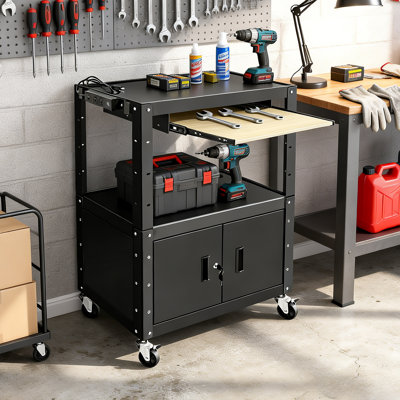 Adjustable-Height Steel Cart With Lockable Cabinet & Power Strip 30.8" X 18" Rolling Projector Utility Cart??