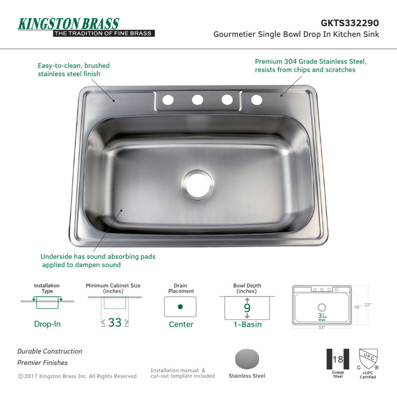 Kingston Brass Studio 33-Inch Stainless Steel Self-Rimming 4-Hole Single Bowl Drop-In Kitchen Sink