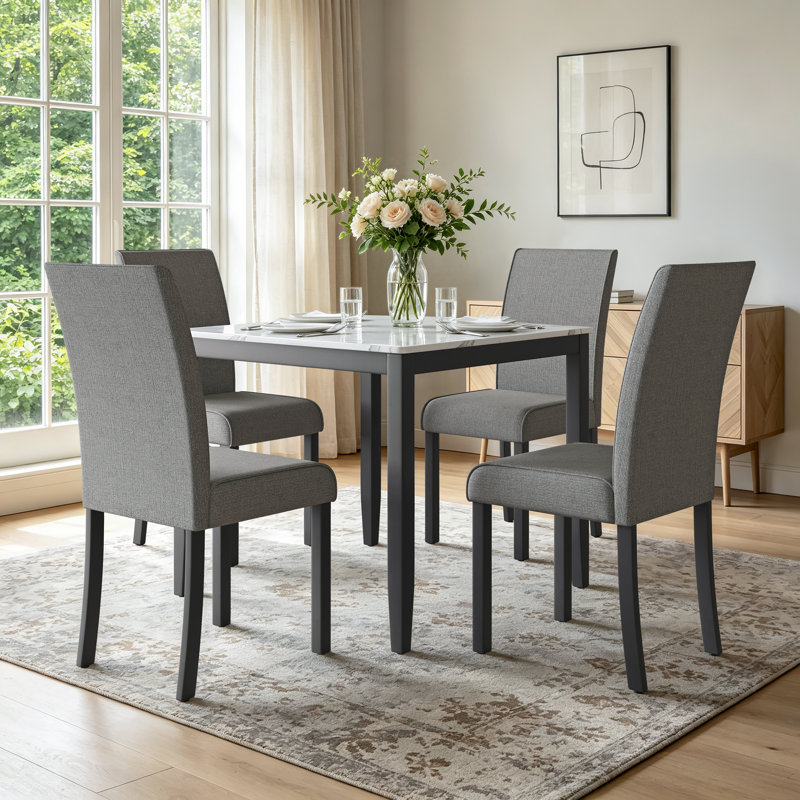Borea 4 - Person Wooden-Frame Upholstered Dining Set with Square Faux-Marble Pattern top table