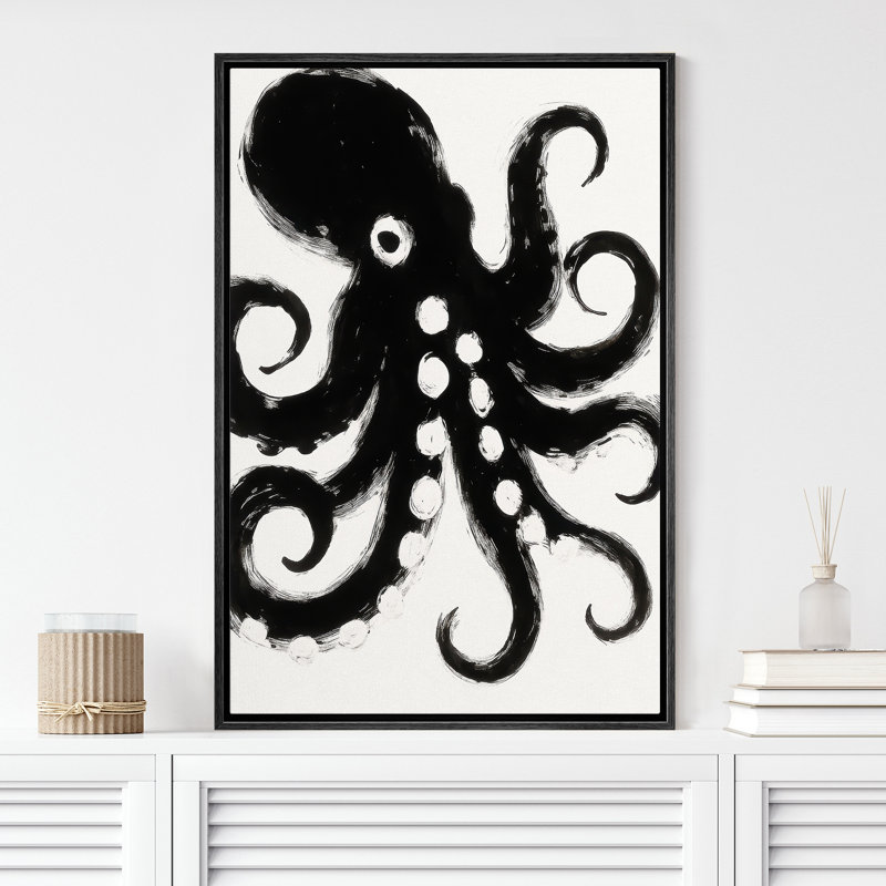 «Black and White Octopus Art», reproduction d'art sur toile encadrée, H 36 po x l 24 po x P 1,5 po, Structure noire