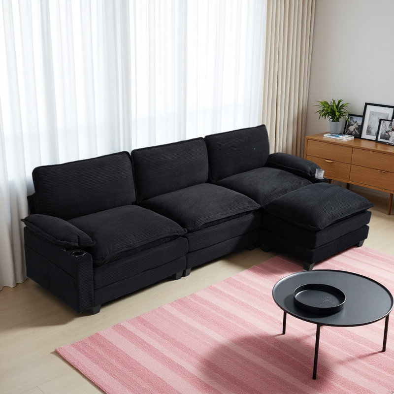 113" Modern 3+1 L-Shaped Corduroy Fabric Sofa,Modular Sectional Cloud Couch W/Ottoman,35D High-Resilience Sponge&Double-Layer Thick Cushion,Cup Holders,Storage Bags,Couches For Living Room,Apartment