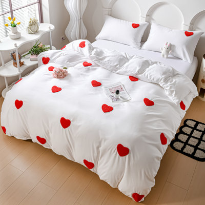 Heart Tufted Embroidered Duvet Cover Set with Pillowcases(No Filling), Soft Microfiber Bedding Set, White ComforterCover, Mother’s Day