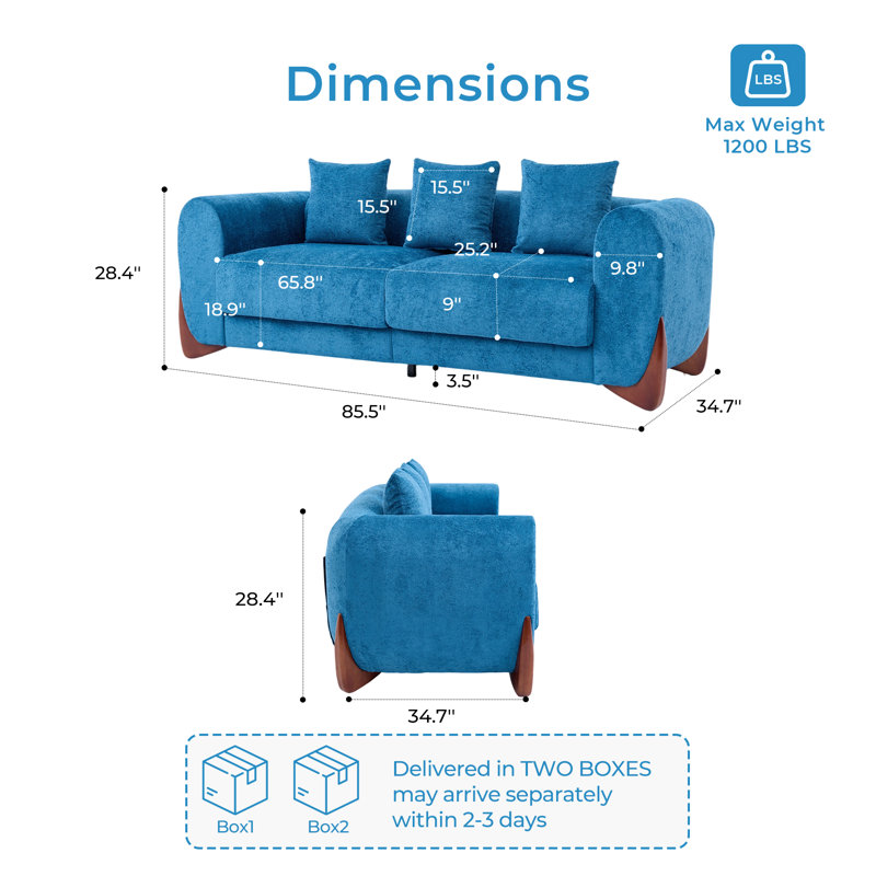 Canapé rembourré 85,5 po Chenille, Bleu