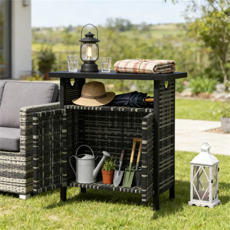 Table de bar d'extérieur gris chiné avec meuble de rangement intégré, meuble de rangement en polyéthylène rotin résistant aux intempéries pour piscine
