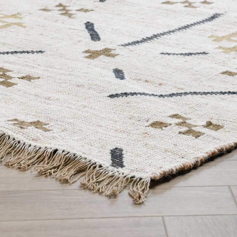 Ivory and Multi Wool Geometric Handmade Rectangular Rug