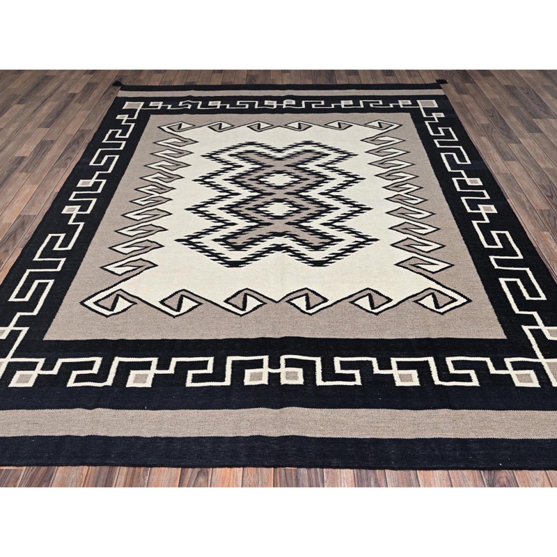 Tapis oriental brun kaki 8 pi x 10 pi, motif géométrique tissé à la main, tissé à la main, à plat, 100% laine