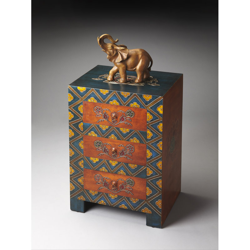 Teal Blue and Dark Brown Hand Painted 3 Drawer Accent Cabinet