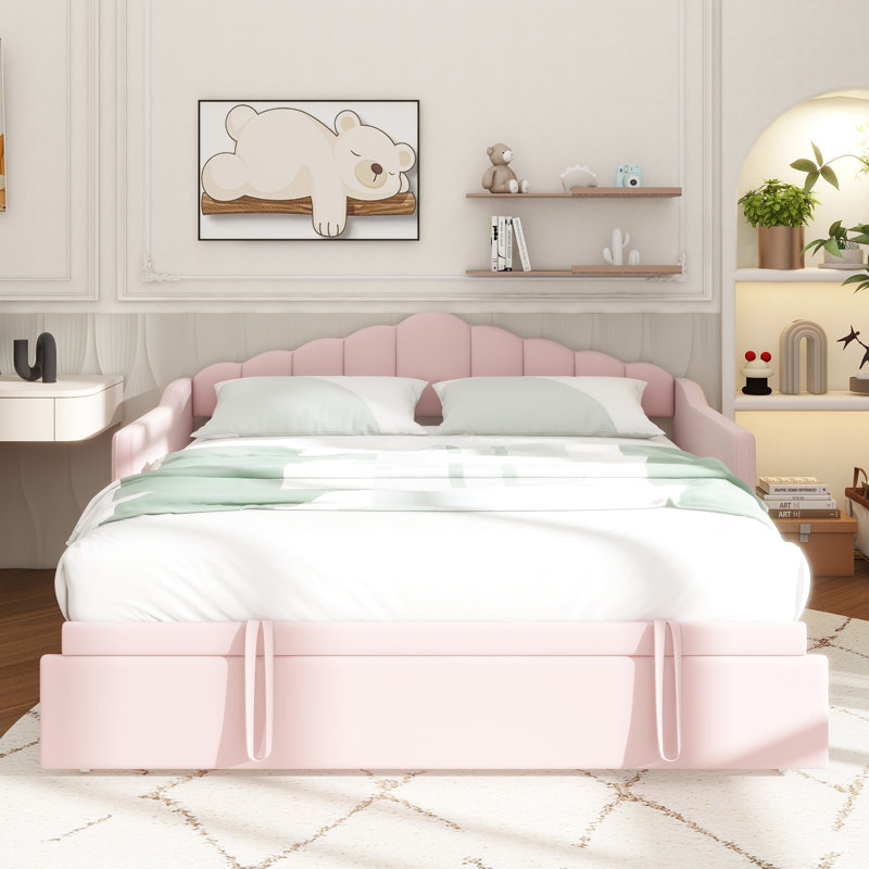 Lit de jour tapissier simple avec lit gigogne escamotable à hauteur réglable et port de charge USB et Type-C, structure de lit de jour avec 2 poches latérales, aucun sommier nécessaire, rose