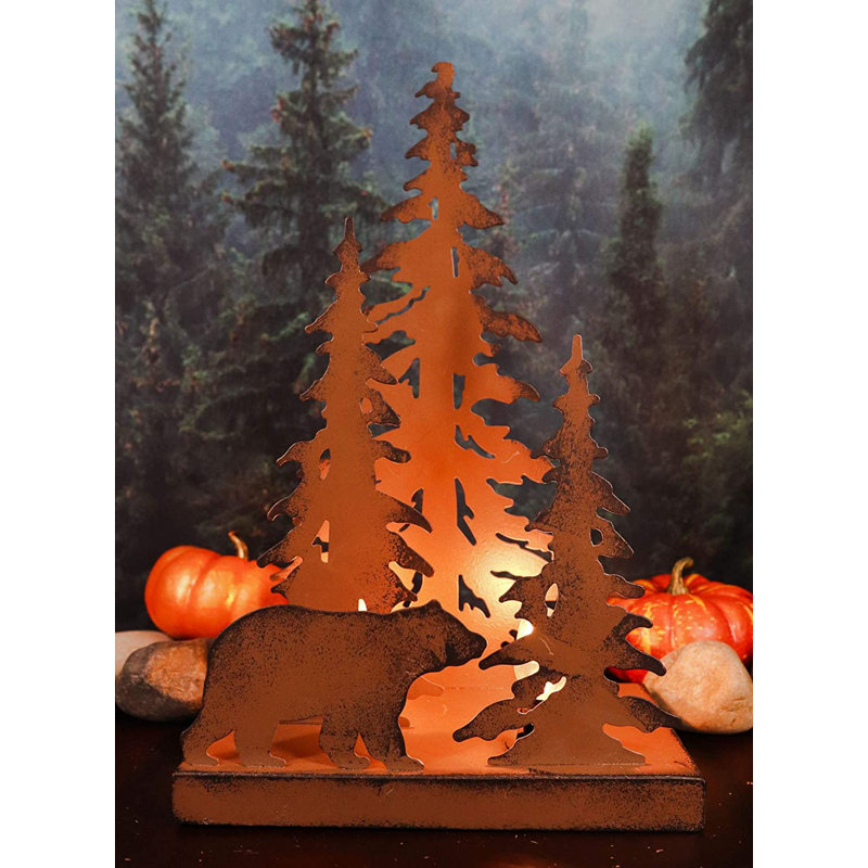 Jasvinder en aluminium, art en métal, forêt rustique, ours noir, pin, forêt, veilleuse, sculpture, 12 po de hauteur