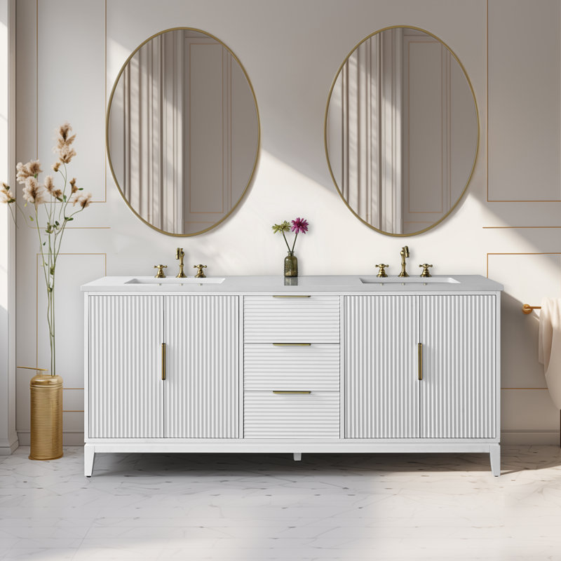Lissandra 72" Double Bathroom Vanity In White With Engineered Stone Top