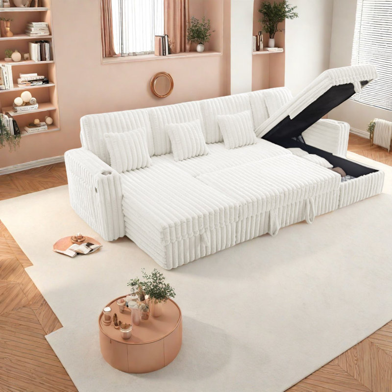 Canapé modulaire confortable en velours côtelé avec rangement, canapé moelleux beige pour salon moderne
