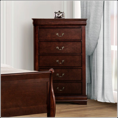 Commode de style transitionnel cerisier foncé avec étui anti-poussière, pieds de support et tiroirs à queue d'aronde anglaise pour un rangement élégant