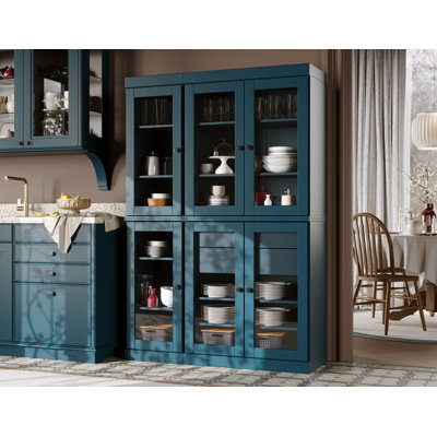 100% Solid Wood 48.5" Pantry China Cabinet with Clear Glass Doors, 2-Drawers and Adjustable Shelves
