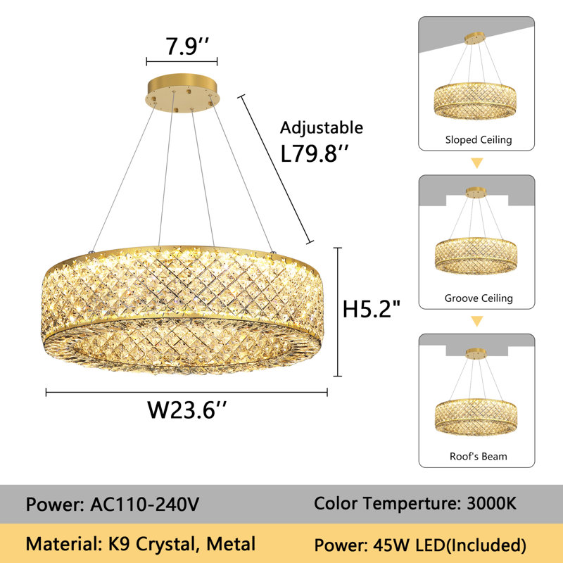Modern Crystal Ring Dimmable Led Chandelier, Gold