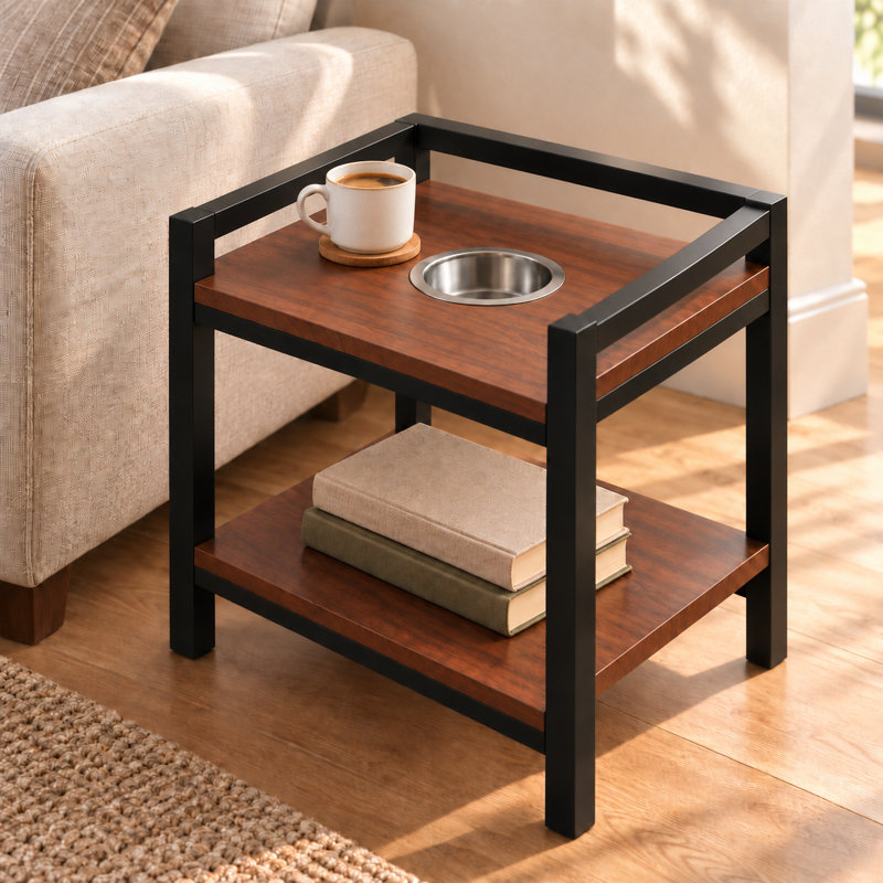 Table d'appoint à deux niveaux avec cendrier intégré, finition noyer noir et structure en acier noir