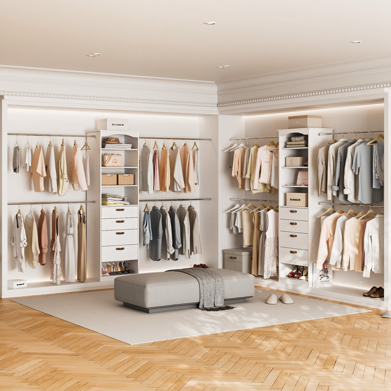 Système de rangement pour garde-robe de 23,6 po à 139,2 po de largeur avec 4 tiroirs et tringles, Devant lisse