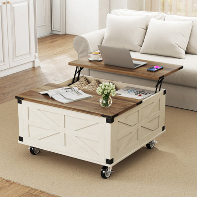 Table basse à plateau relevable avec station de charge, table basse carrée avec lumières à capteur, table centrale avec armoire de rangement et roulettes verrouillables