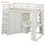 Lit gain de place beige et blanc avec armoire en bois, bureau et design moderne