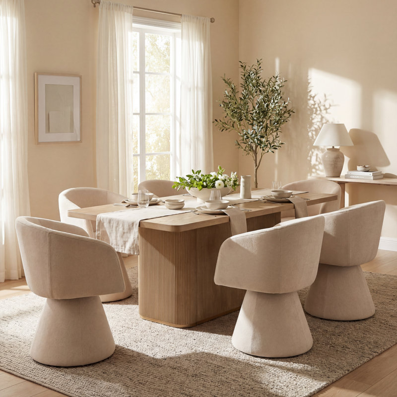 Swainswick 7-Piece Dining Table Set With 180° Swivel Chairs & Wooden Tabletop, Light Ash, Oatmeal