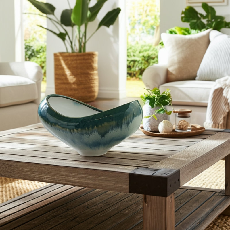 Decorative Ceramic Curved Ombre Bowl for Living Room - Modern Sculptural Accent Bowl for Console Table, Bedroom, or Home Decor - 15"