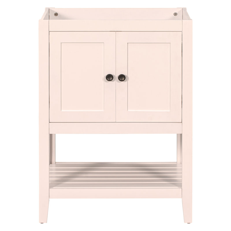 Base de meuble-lavabo 24 po seulement, structure en bois massif, armoire de rangement avec portes et tablette ouverte, Blanc