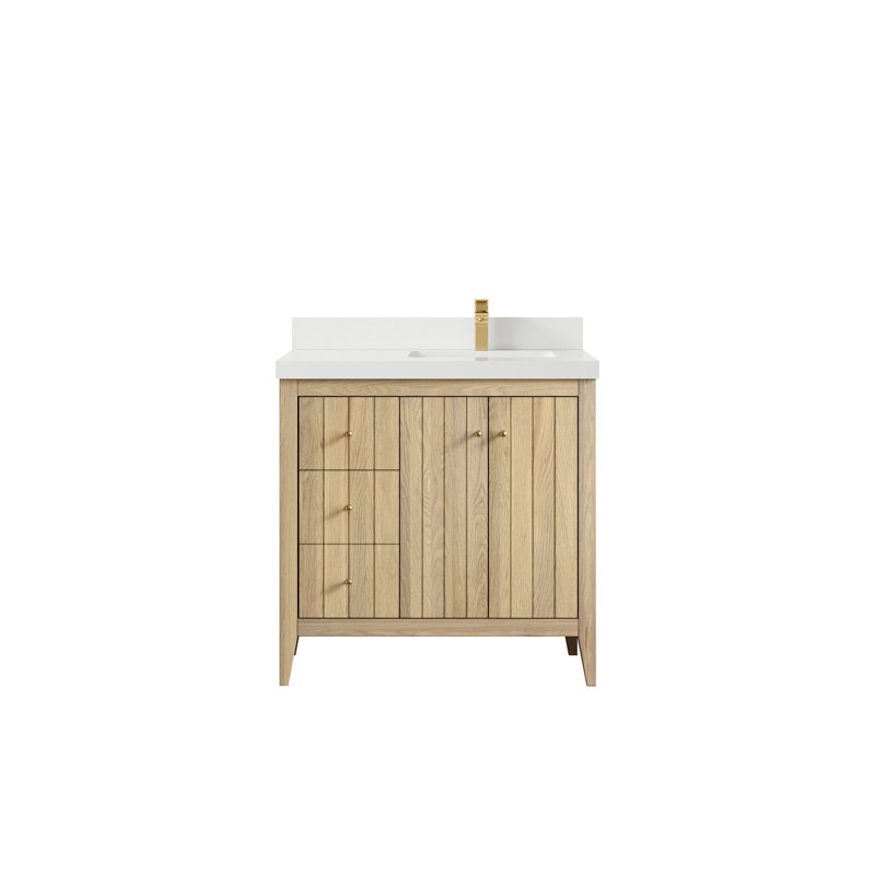 Atlanta White Oak Wood 36 In. W X 22 In. D Right Offset Sink Bathroom Vanity With 2 In. Frosty Carrara Quartz, 2 PO – Blanc
