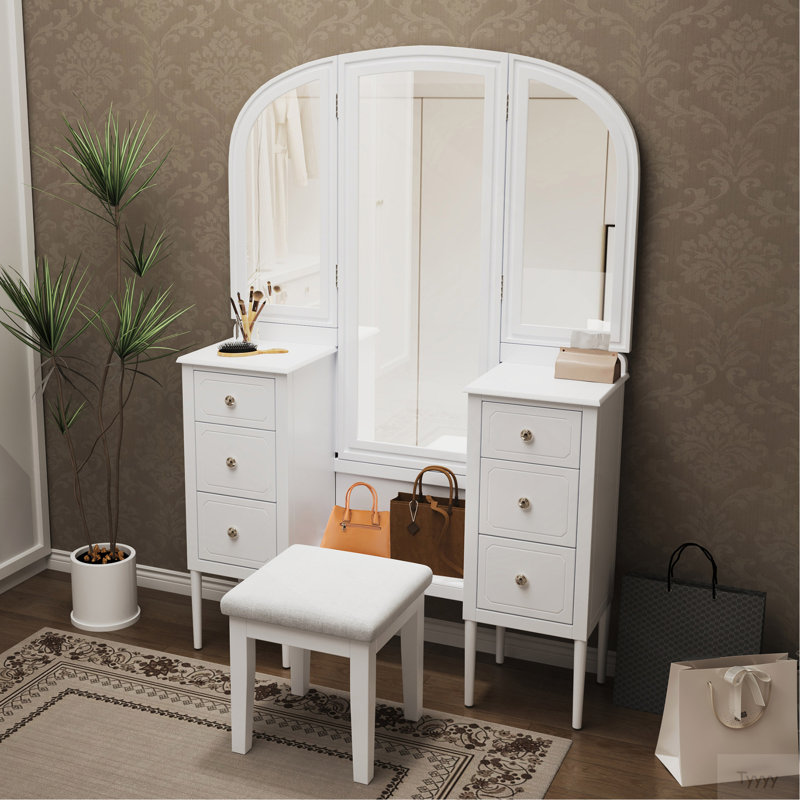 Antique Makeup Vanity Desk With Triple Mirror, 6-Drawer Dressing Table Set Including Stool, Full Length Mirror For Bedroom Dressing Room, White