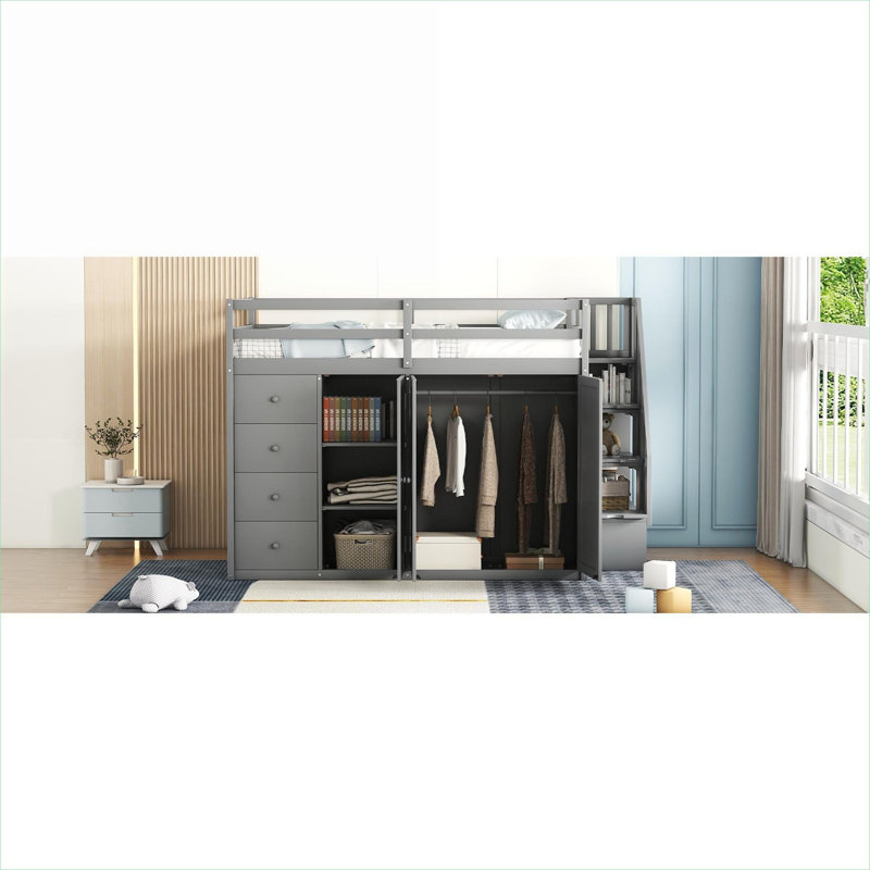 Soft Gray Solid Wood Full Size Loft Bed Frame, Space-Saving Contemporary Storage Bed for Small Bedrooms