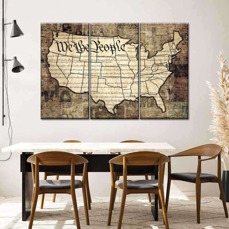 «USA Map We The People USA Map», reproduction sur toile 3 pièces par Tess P, H 24 po x l 38 po x P 1,25 po