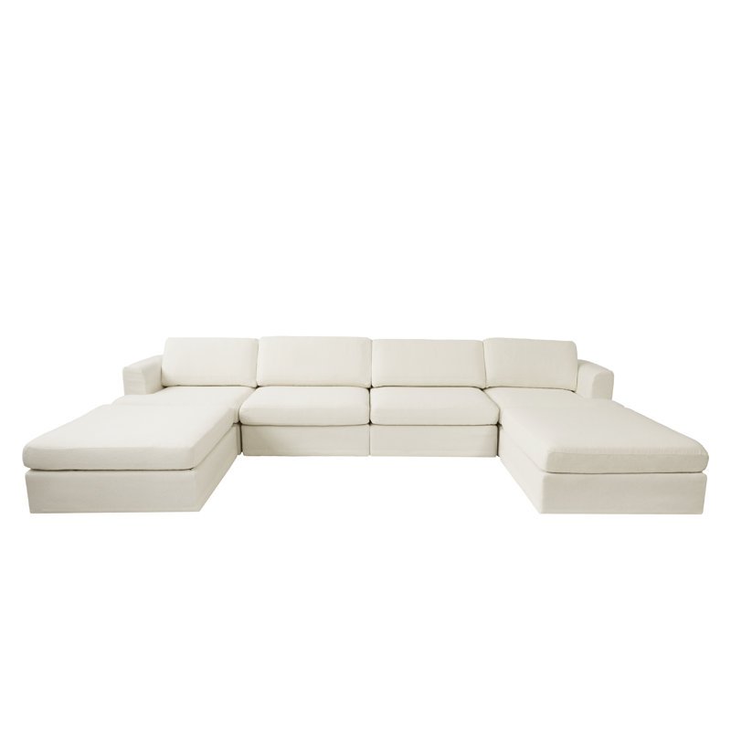 6-piece U-shaped Upholstered Boucle Sectional Sofa, White Fabric/Boucle, 26.77" H x 157.48" W x 78.74" D