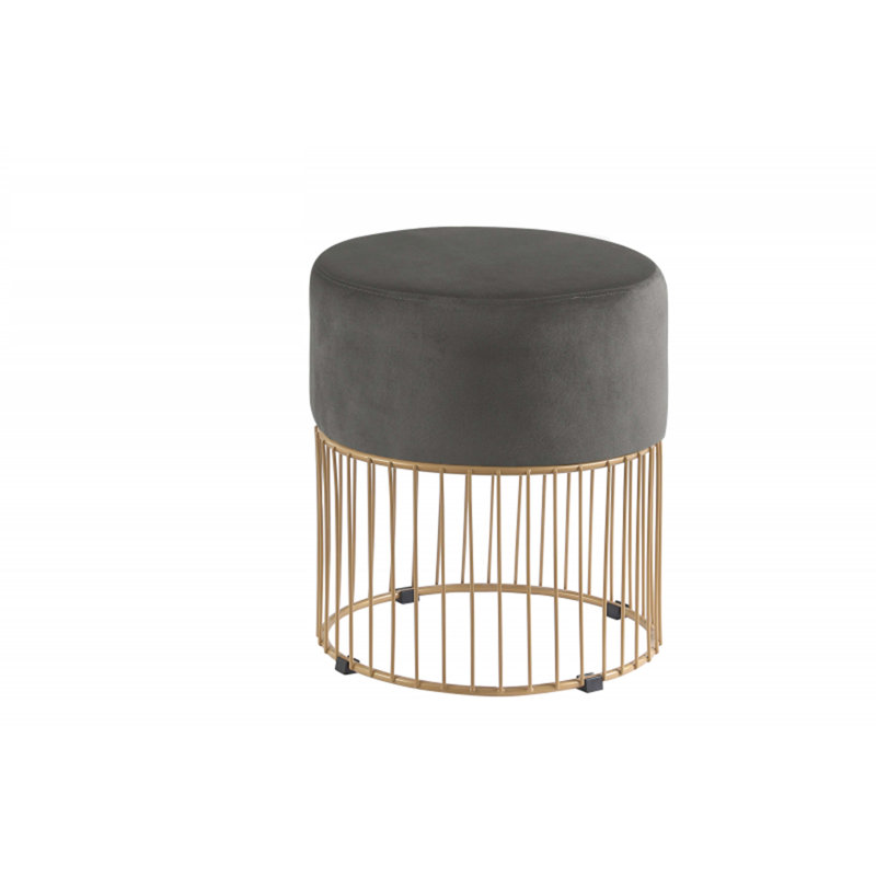1Pc Round Velvet Accent Ottoman With Luxurious Gold Frame, Comfy Upholstered Ottoman, Gray