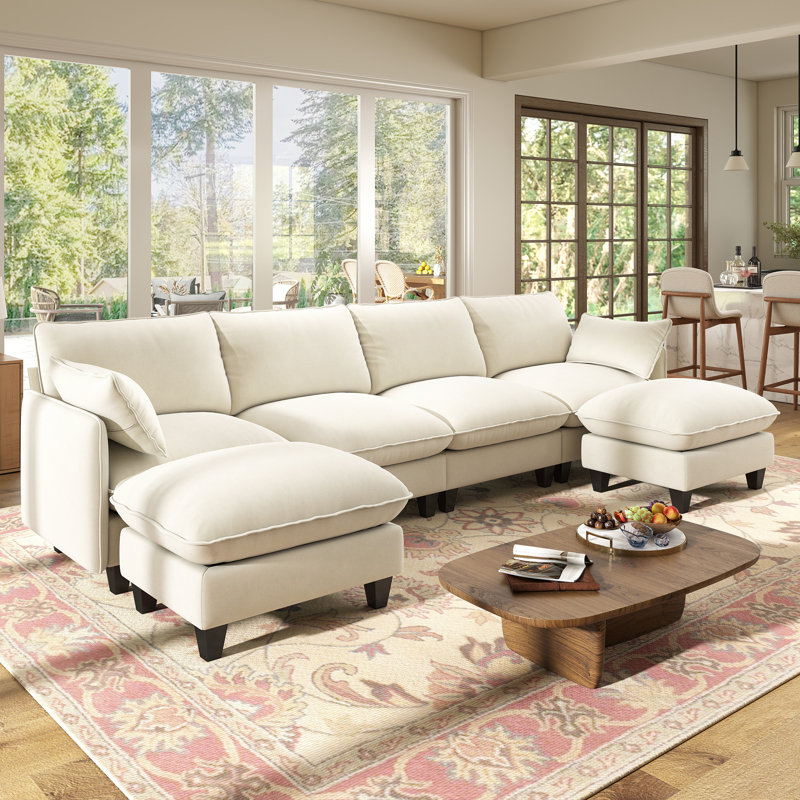   Canapé modulaire rembourré à 4 places et 2 repose-pieds Acker, Chenille beige, 4