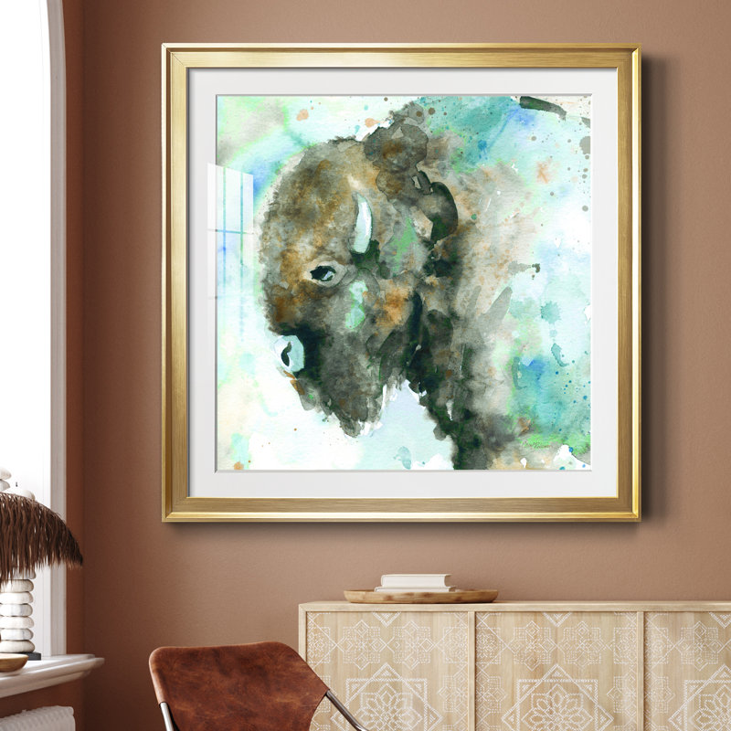 Buffalo on Blue - Cadre photo, reproduction d'art sur papier, Papier encadré doré, H 26,5 po x l 26,5 po x P 1,5 po